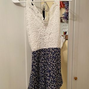 *NEVER WORN* White lace top and blue floral print skirt